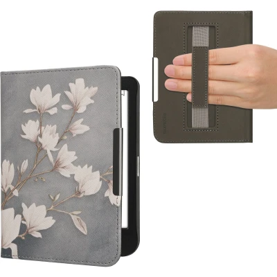 Afbeelding van kwmobile E reader hoesje geschikt voor Kobo Clara BW / Colour hoes flip case met magneetsluiting Ereader cover Magnolia design in taupe wit blauwgrijs