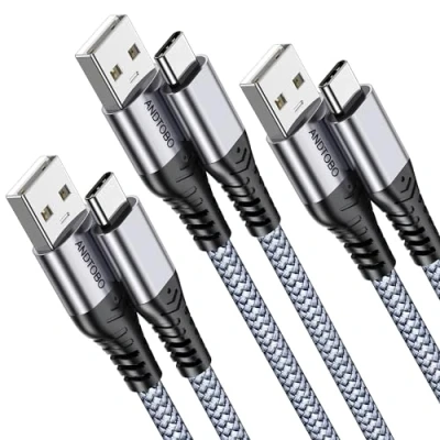 Afbeelding van ANDTOBO USB A naar C kabel 3.1 A, [1 m, 3 stuks] snel opladen, type gevlochten oplaadkabel voor iPhone 15 Plus Pro Max, Samsung Galaxy S20 S10 S9 S8, Google Pixel 2 XL