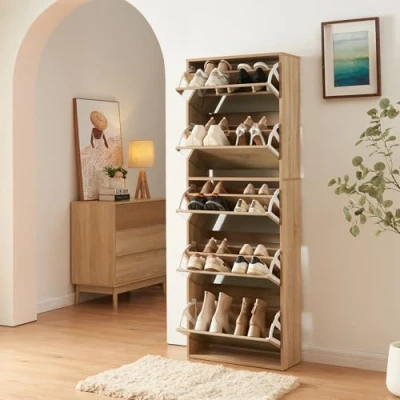 Afbeelding van Schoenenkast Lund met 5 kleppen spiegeldeuren sonoma eikenkleurig 169x60x24 cm [en.casa]