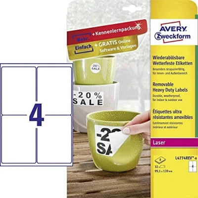 Afbeelding van Avery Zweckform L4774REV 8 folie etiketten 99.1 x 139 mm Polyester Wit 32 stuk(s) Weer verwijderbaar Laser (kleur), (zwart/wit), Kopiëren