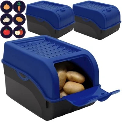 Afbeelding van ARTECSIS Set van 3 opbergdozen voor aardappelen, donkerblauw, groentebox met deksel ca. 4 kg aardappelen + 6 stickers groenten