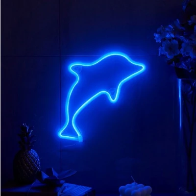 Afbeelding van LED Neon Wandlamp &quot;Dolfijn&quot;, Op Batterijen en USB, 30x20x2cm, Blauw