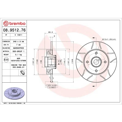 Afbeelding van BREMBO 08.9512.76 Remschijf 249 9 4 volledig, Gekerft Met wiellagerset PEUGEOT: 2008 Estate, 208 I Hatchback, 207 CITROËN: C3 II