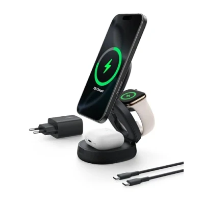 Image de Belkin BOOST CHARGE Support de chargement sans fil 3 in 1, magnetic, compact + adaptateur secteur 15 Watt noir