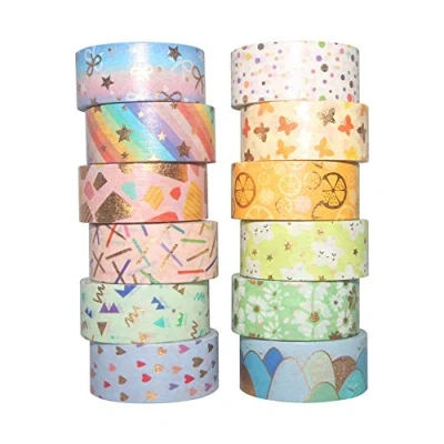 Afbeelding van YUBX Washi Tape, 12 rollen afplaktape decoratief lint bedrukt met bladgoud voor kunst en knutselen, scrapbooking, bullet, dagboek, planning, geschenken, decoratie (Candy 12)