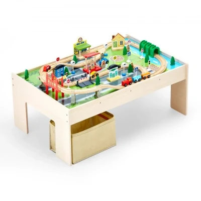 Image de VEVOR Table Circuit Train Bois 84 PCS avec Rail de Bac Rangement Pliable