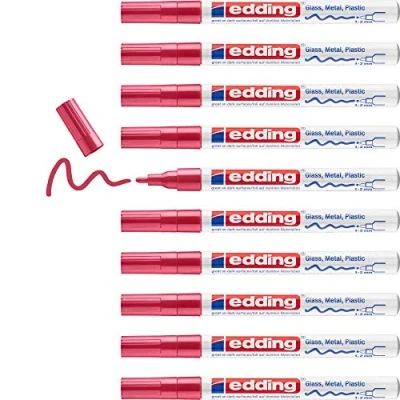 Afbeelding van edding 751 markeerstiften, glanzend, rood, 10 viltstiften, ronde punt 1 2 mm, om te tekenen, kleuren, scrapbooking, waterdicht, zeer ondoorzichtig