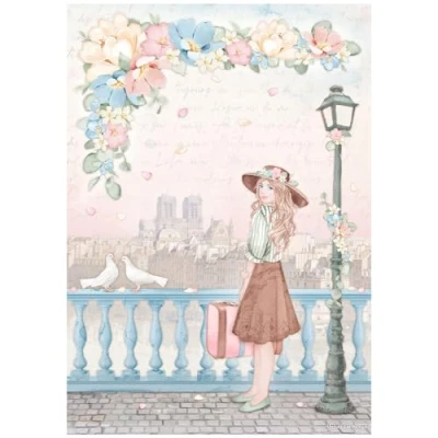 Afbeelding van Stamperia Create Happiness Oh lá A4 Rice Paper Girl with Suitcase (6pcs) (DFSA4764) (DISCONTINUED)