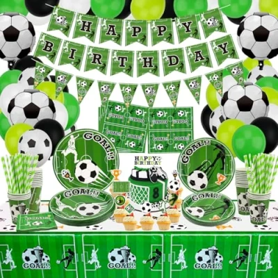 Afbeelding van Verjaardagsdecoratie voor voetballon, Happy Birthday banner, taartdeksel, borden, servetten, kopje, tafelkleed en papieren rietjes sportverjaardagsdecoraties, 20 gasten