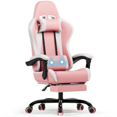 Afbeelding van Devoko Gamestoel, racing, massagestoel met voetsteun, computerstoel lendensteun, massage en hoofdsteun, 90 135, hoge rugleuning, roze
