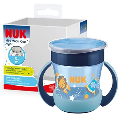 Afbeelding van NUK Mini Magic Cup leerbeker met lichteffect, 6+ maanden, 160 ml, lekvrije 360 rand, ergonomische handgrepen, BPA vrij, leeuw (blauw)