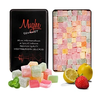Image de Mughe Gourmet Boîte élégante de loukoums 750g 90pc bonbons délice turcs Halal Vegan Saveurs fruits : rose, fraise, citron, orange, menthe Cadeau pour occasions spéciales, anniversaires