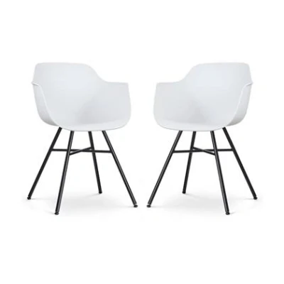 Afbeelding van Nolon Noa Puk Eetkamerstoelen Set van 2 Wit met Armleuning Kunststof Zwart Metalen Poten Kuipstoel