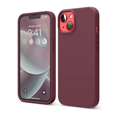 Afbeelding van elago Vloeibare siliconen hoes, compatibel met iPhone 14 (6,1 inch), premium siliconen, bescherming rondom, 3 laags, schokbestendig, zachte krasbestendige microfiber voering (bordeaux)