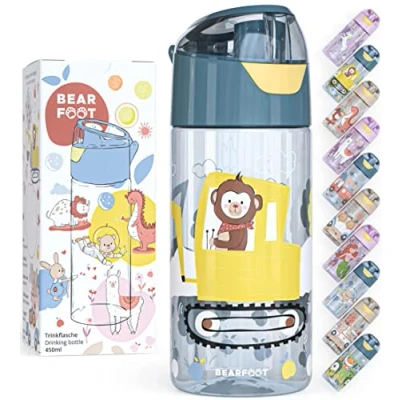 Afbeelding van BEARFOOT Drinkfles voor kinderen, 450 ml, lichte Tritan waterfles, BPA vrij, lekvrij, vaatwasmachinebestendig, jongens en meisjes, kleuterschool (blauw, graafmachine aap)