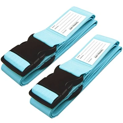Afbeelding van OW Travel Bagageriemen voor Koffers (Blauw: 2 stuks) Goed zichtbare stevige Kofferbanden met bagagelabels. Reiskoffer riemen. Bagageriem Kofferband reis riem Kofferbagage. Tas band Kofferriem