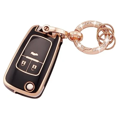 Afbeelding van Koaudb Autosleutel beschermhoes compatibel met Vauxhall Opel Astra Insignia Vectra Zafira Meriva Mokka Chevrolet Holden 2 3 knoppen opvouwbaar lederen sleutelhanger (BP Chv 3F)