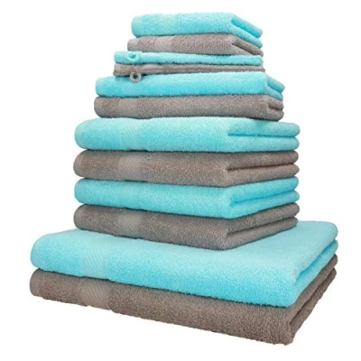 Afbeelding van Betz Palermo handdoeken, 12 stuks, 2 badhanddoeken, 4 gastendoekjes, washandjes, 100% katoen, kleur: steengrijs en turquoise