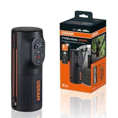 Image de OSRAM TYREinflate 2000, gonfleur de pneus compacte et rechargeable avec éclairage LED, compresseur portable, connexion électrique via USB, gonflage des en 2 minutes