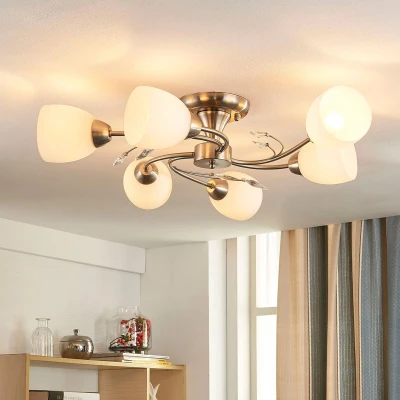 Afbeelding van Lindby plafondlamp 6lichts glas, metaal H: 18 cm E14 wit, mat nikkel