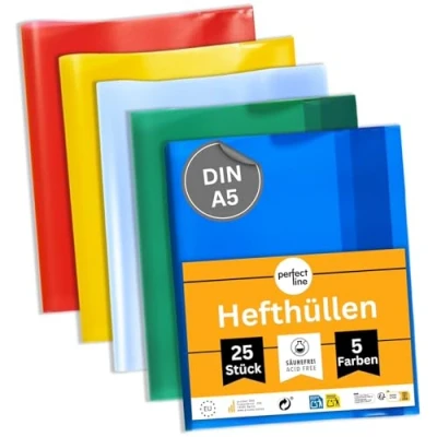 Afbeelding van perfect line Set van 25 notitieboekomslagen DIN A5, 5 kleuren, transparant, generfd, notitieboekomslag recyclebaar polypropyleen, onuitwisbaar