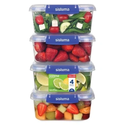 Afbeelding van Sistema KLIP IT PLUS Set van 4 waterdichte voedselcontainers, 1 l, luchtdichte en stapelbare dozen met deksel, lunchboxen voor school, BPA vrij