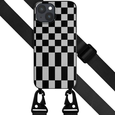 Afbeelding van Selencia hoesje Geschikt voor iPhone 15 Plus met koord Siliconen design afneembaar Zwart / Irregular Check Black