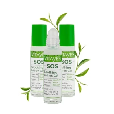 Afbeelding van Vitayes SOS Tea tree olie roller met vitamine B5, tegen acnevlekken, krassen, huidontstekingen, rustgevende balpen, puistjes, onzuivere huid, veganistisch,