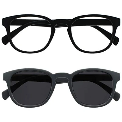 Afbeelding van OPULIZE Pop Double Pack Leesbril Reader Zon Retro Ronde Zwart Grijs Mannen Vrouwen Lente Scharnieren RS2 17,