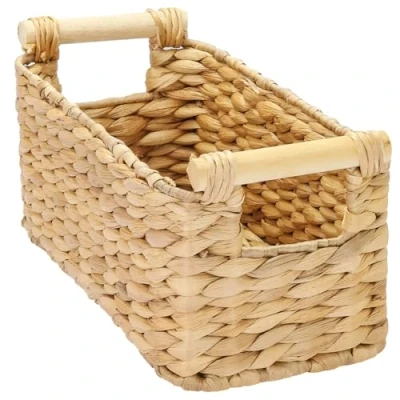 Afbeelding van HMF Opbergmand voor badkamer, gevlochten, waterhyacint met houten handgrepen, 30 x 15 13 cm