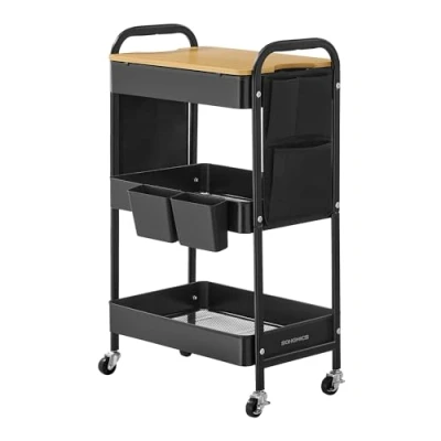 Afbeelding van SONGMICS trolley met 3 planken, steunplaat, 2 afneembare opbergdozen, 6 zijzakken, voor woonkamer, studie, keuken, badkamer, zwart, LRC036B01 inkt
