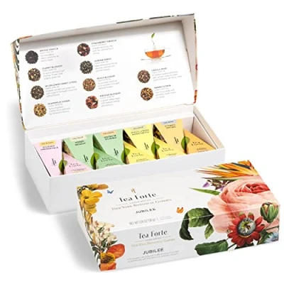 Afbeelding van Tea Forté Jubilee Kleine presentatiedoos, 10 piramide thee infusers, met biologische losse theebladeren, groene thee, zwarte witte kruidenthee, geschenkdoos