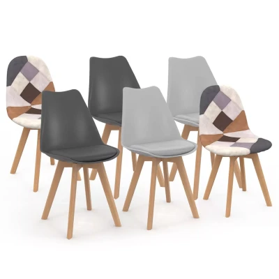 Afbeelding van Lot de 6 chaises scandinaves SARA gris foncé x2, clair x2 et patchworks marron