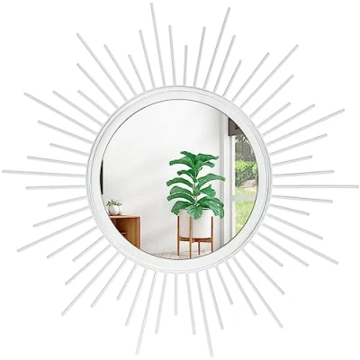 Afbeelding van HLFMVWE Klassieke ronde metalen spiegel, decoratie voor woonkamer, badkamer, slaapkamer, entree, kantoor, hal, zonnevorm, groot formaat (wit)