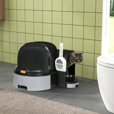 Afbeelding van PawHut Katzenklo, Katzentoilette 52 x 60 42 cm mit Deckel, ausziehbares Tablett, Schloss, Schaufel, Grau