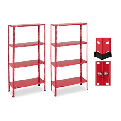 Afbeelding van Relaxdays Rek voor zware belasting, 2 stuks, 160 kg, max. 4 niveaus, h x b d: 147,5 75,5 30,5 cm, kelder en garage, metaal, rood