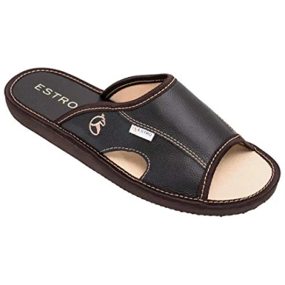 Afbeelding van ESTRO Pantoffels voor heren, pantoffels, leer, onzichtbare zool Verano, Cacao