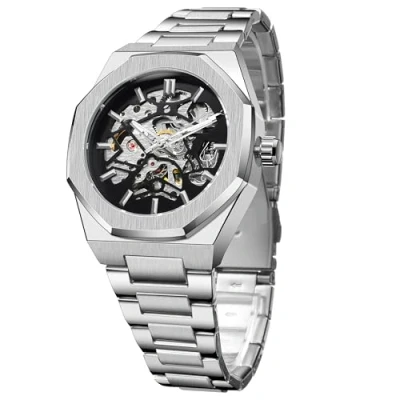 Afbeelding van FORSINING Automatisch herenhorloge Modieus waterdicht achthoekig mechanisch horloge Uniek skelethorloge Luxe zilveren roestvrijstalen armband, zilver, zilver., armband