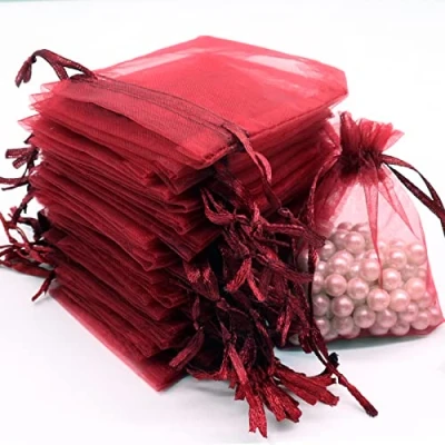 Afbeelding van Leeyunbee 100 stuks organzazakjes, bordeauxrood, 7 x 9 cm, organza zakjes, geschenkzakjes, sieraden, bruiloft, snoepzakjes voor festival, feest en satijnen trekkoord