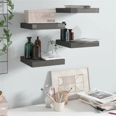 Afbeelding van Wandschappen zwevend 4 st 23x23,5x3,8 cm MDF hoogglans grijs