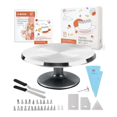 Afbeelding van Wenburg draaibare taartplaat van aluminiumlegering, 35 stuks, met accessoires, spuitzak, spuitmonden, e book en meer, draaischijf I