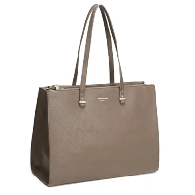 Afbeelding van David Jones Handtas voor dames, grote maat XL, schoudertas middelbare school, werk, zakelijk, A4, kunstleren tas, shopper, lang handvat, laptoptas, Taupe beige