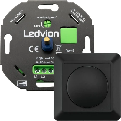 Afbeelding van Ledvion Led Dimmer 5 tot 150 Watt, Universele Incl. Afdekplaat, Inbouw, Schakelaar, Afdekraam, Dimmer+ Zwart