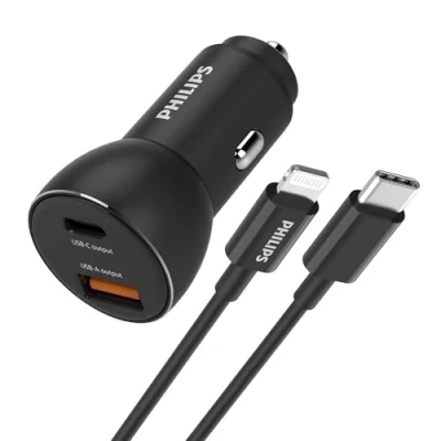 Afbeelding van Philips Autolader USB A C DLP2521C/04 Zwart incl. Lightning oplaadkabel Sigarettenaansteker Compatibel met iPhone 36W Fast Charge