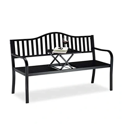 Afbeelding van Relaxdays tuinbank met klaptafel, 3 zits, geïntegreerd tafelblad, weerbestendig, HxBxD 90 x 150 57,5 cm, zwart