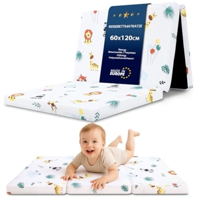 Afbeelding van Matras voor reisbed, 60 x 120 cm, opvouwbaar, dik reismatrasje baby&#039;s en kinderen, overtrek van katoen, afneembare overtrek, safari