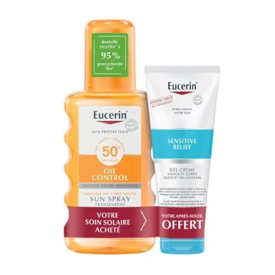 Afbeelding van Eucerin Sun Protection Oil Control Spray Transparant SPF50+ 200 ml + Sensitive Relief After Gel Cream 50 Gratis