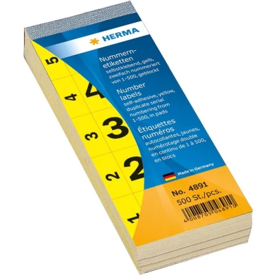 Afbeelding van HERMA 4891 nummeretiketten zelfklevend 1 500 geel 28x56 mm