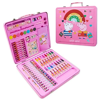 Afbeelding van Peppa Pig Kleurplaat voor kinderen, tekenkoffer met verf, kleurpotloden, viltstiften complete schilderset 60 stuks, cadeau idee meisjes van 3 jaar (roze)