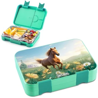 Afbeelding van Jarlson® Toni Lunchbox voor kinderen met vakken, lekvrije bentobox, kleuterschool en school, broodtrommel meisjes jongens, (paard)